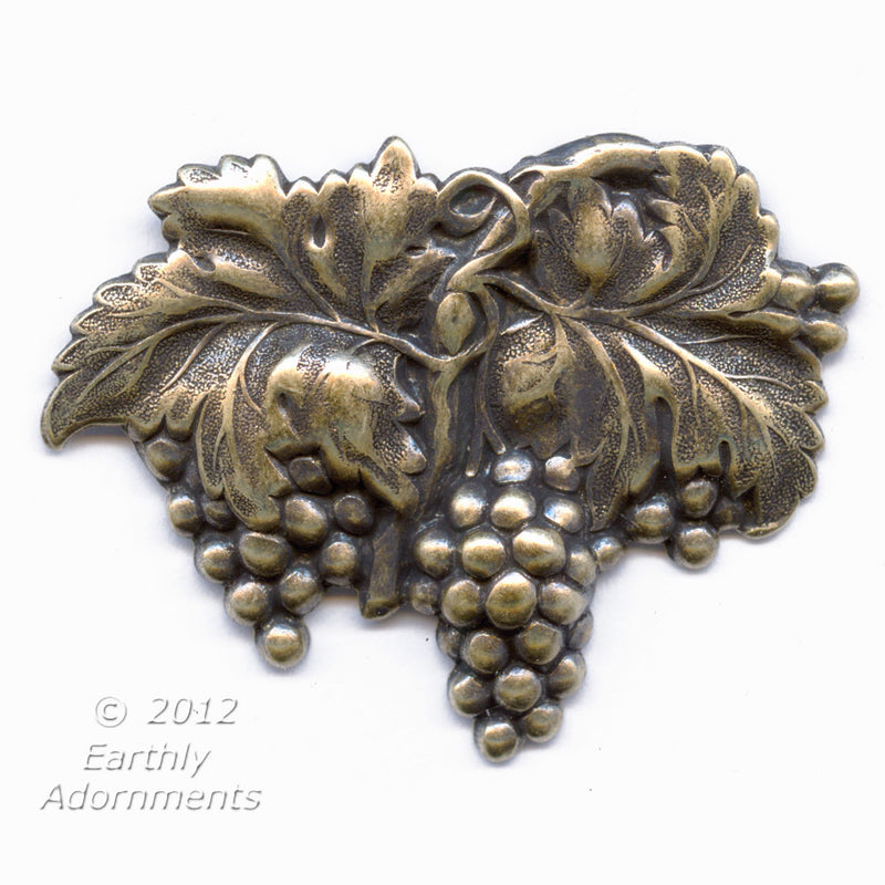 Vintage oxidied solid brass grape cluster stamping. Pkg. of 1.