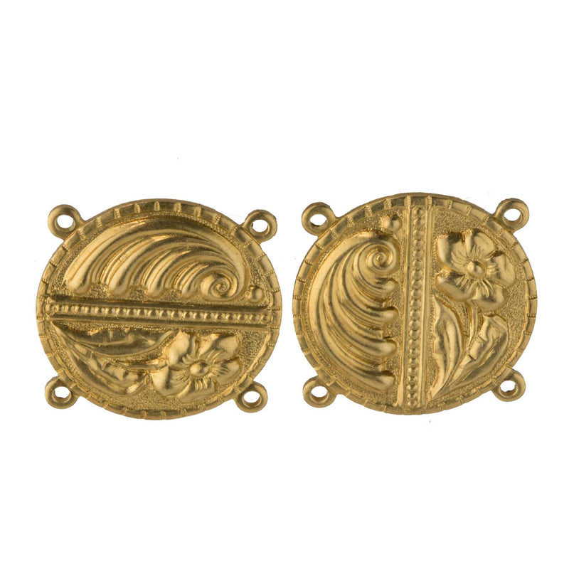 Stamped Brass 4 ring Connector with Flower & Ocean Wave Motif, 18mm diameter. Pkg of 2.