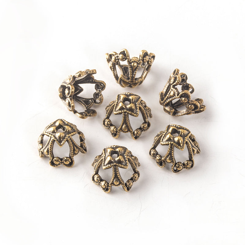 Solid oxidized brass ornate bead cap 10x8mm outer dimension. Package of 4.