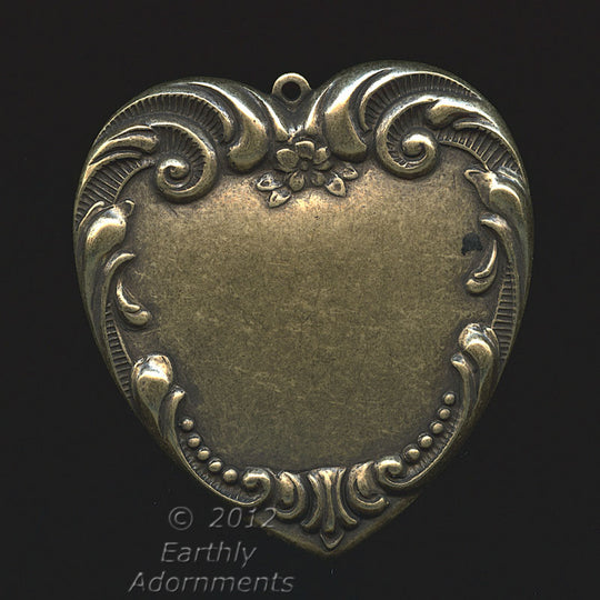 Stamped oxidized brass 1-ring Victorian style heart pendant 41x39mm Pkg. of 1. b9-0842(e)