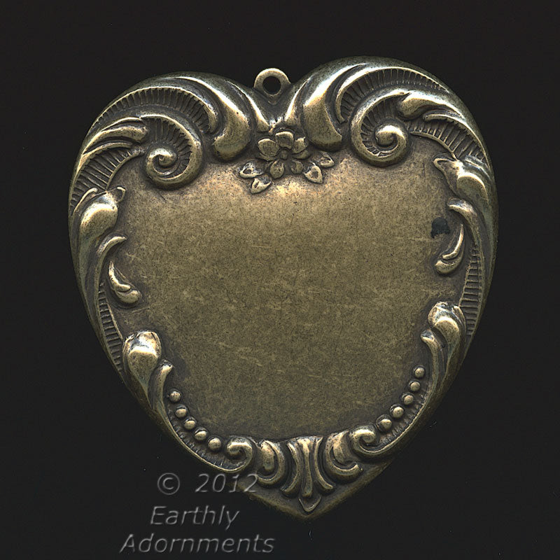 Stamped oxidized brass 1-ring Victorian style heart pendant 41x39mm Pkg. of 1.
