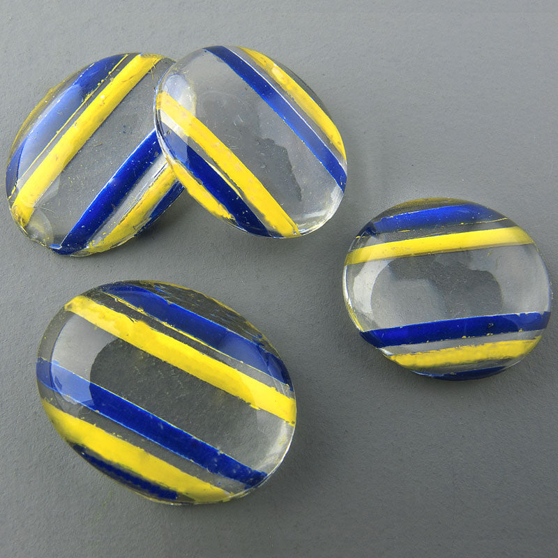 Vintage clear domed flatback cabachon with reverse carved yellow and blue stripes 16x12mm Pkg of 2. 