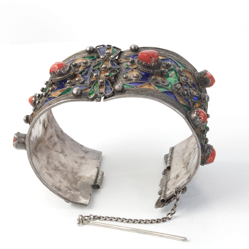 Old Berber hinged bracelet silver, coral, enamel, Kabyle tribe, Algeria