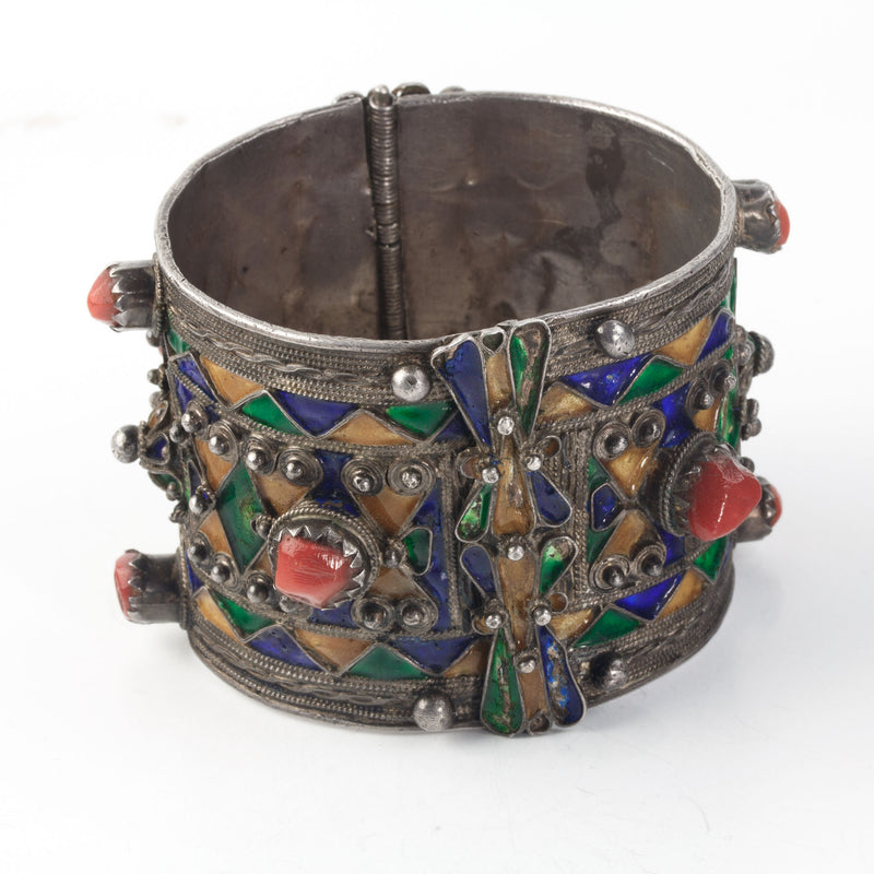 Old Berber hinged bracelet silver, coral, enamel, Kabyle tribe, Algeria