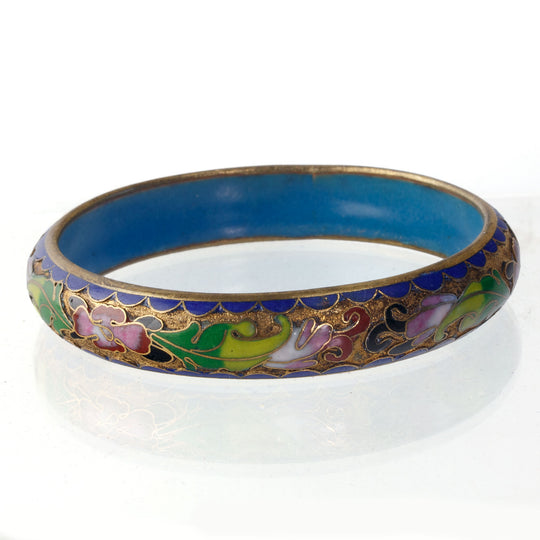 Champlevé Enamel Bangle Bracelet, Floral with blue background. Chinese. j-bror892