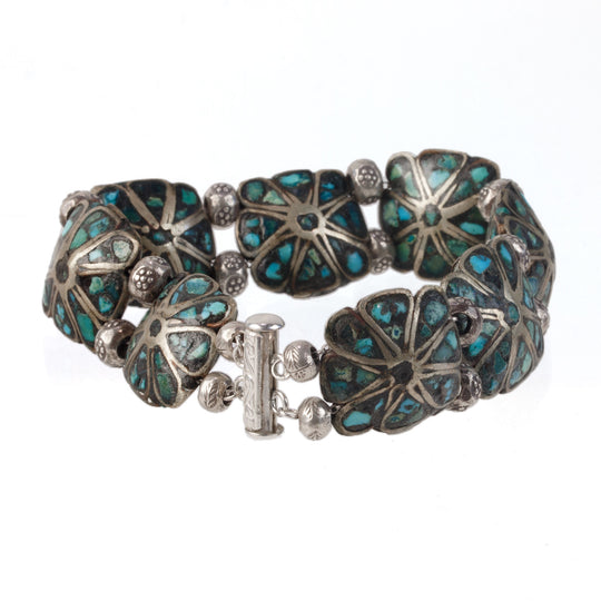 Sterling silver and turquoise inlay panel bracelet.  India.  1930s. j-brvs984