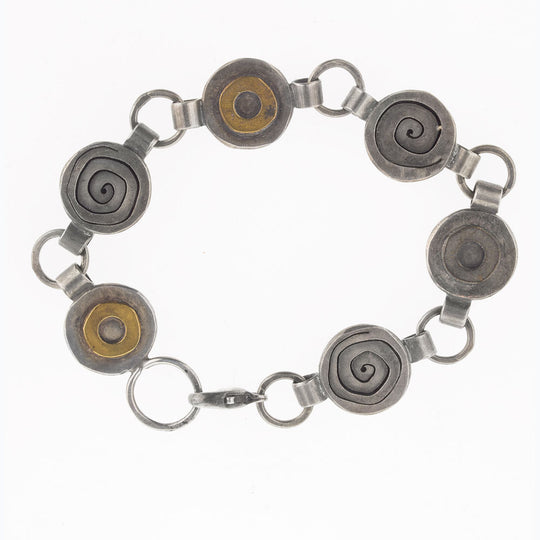 Modern link bracelet, sterling silver and bronze, Artisan made, Patti Fields. j-brvs921cse
