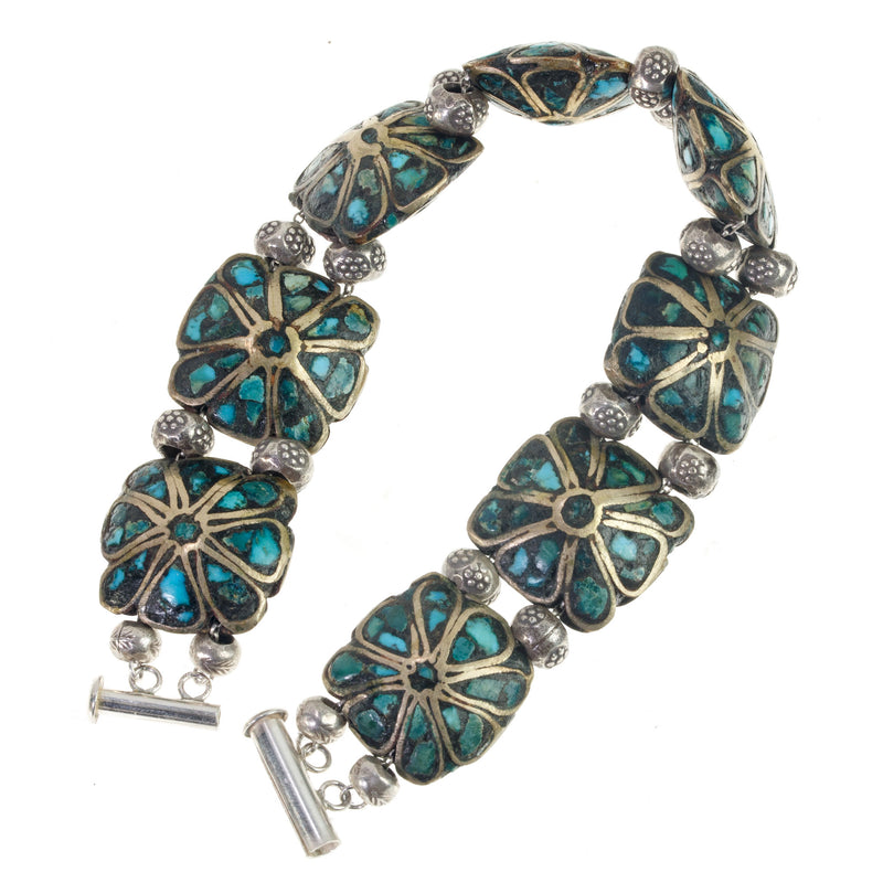 Sterling silver and turquoise inlay panel bracelet.  India
