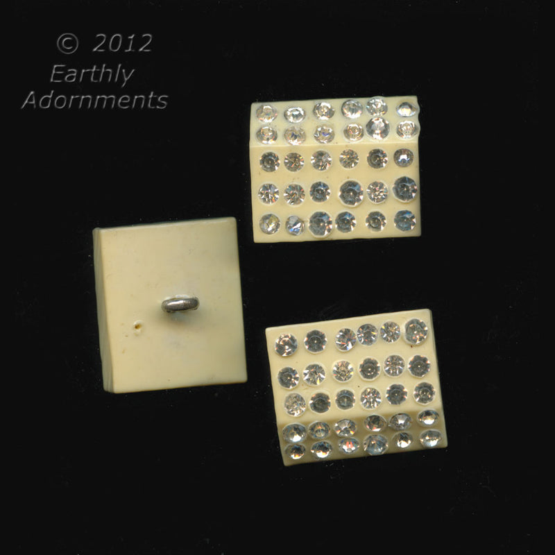 3 vintage Celluloid buttons with rhinestones, metal shank.