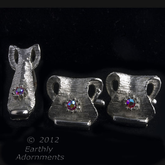 Vintage Cuff Links and Tie / Scarf clip, modernist silver metal, rhinestone. j- btcs101