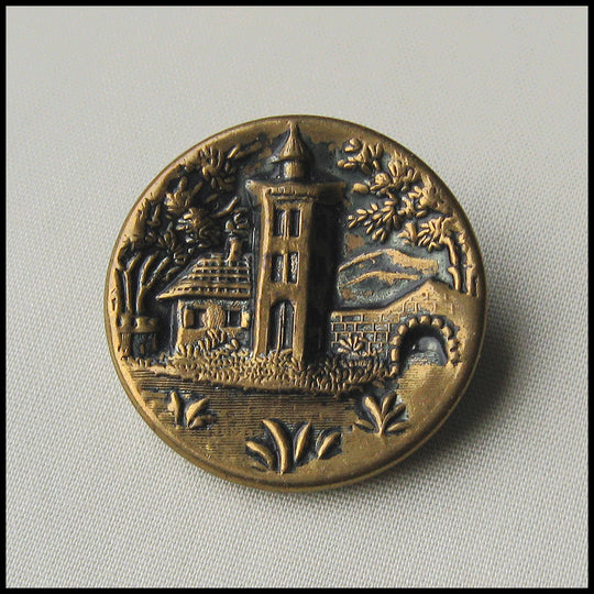 Antique picture button, brass front, steel back 7/8 inch. ac-vn-bt780