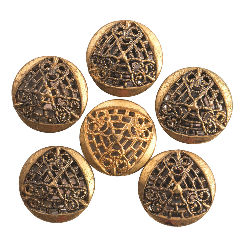 Antique lacy brass plated steel buttons dating to the late 1800s to early 1900's. 19mm diameter.