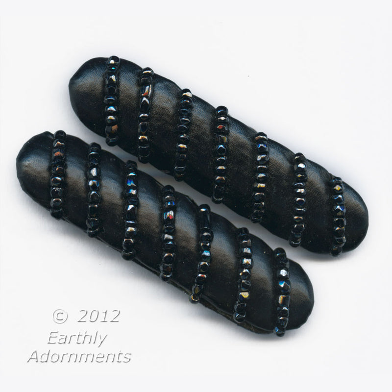 Art Deco black leather beaded shoe buckles