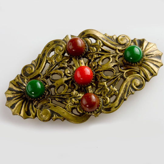 Gilt brass Belt buckle, glass stones. 2-piece. 1930s, Czechoslovkia. j-bubg107