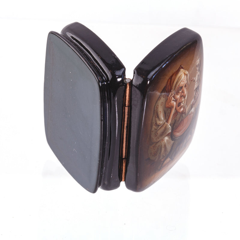 Russian hand-painted lacquered paper mache snuff box-fairytale Baba Yaga artist signed.