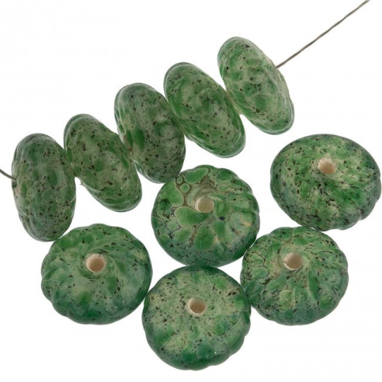 Vintage jade glass flat melon beads, US Zone Germany, 5x9mm pkg of 6. 