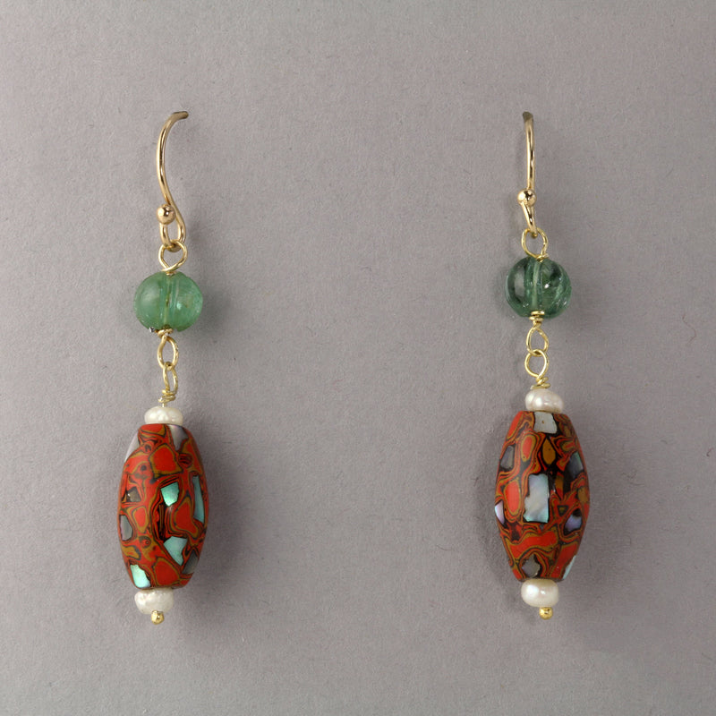 Antique Japanese Mokume Ojime lacquer, pearls and carved Tourmaline bead earrings.