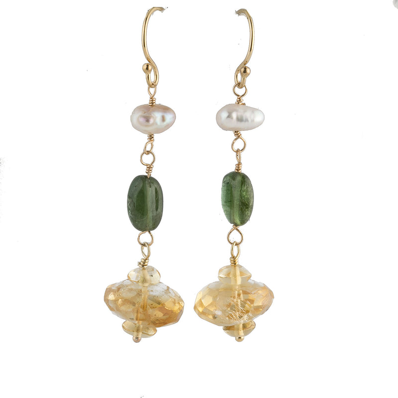 Earrings of vintage natural citrine and tourmaline beads with Biwa freshwater pearls, 14k gold wire. 
