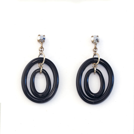 Art Deco Earrings, French glass, black concentric rings.  j-erbg871