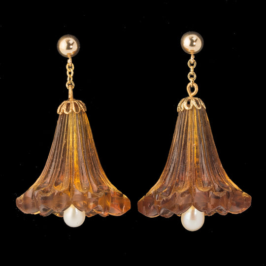 Trumpet Flower Earrings, golden glass and freshwater pearl.  j-erbg875