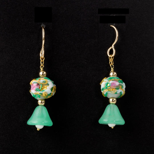 Antique Venetian wedding cake fiorato with vintage Czech glass bead drop earrings.erbg882