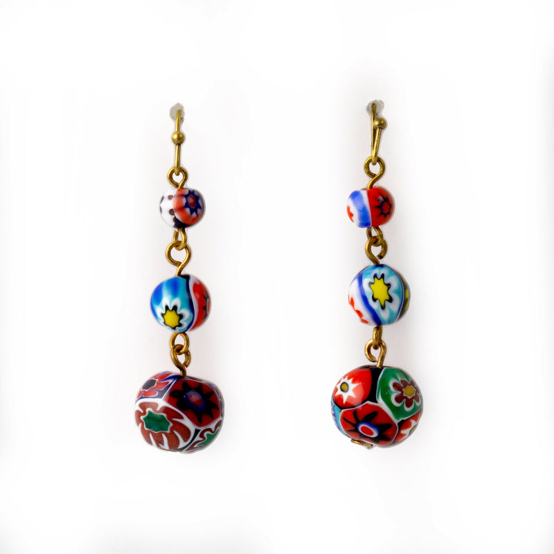 Vintage Venetian Murano millefiori glass bead dangle earrings. 1950s.  erbg886