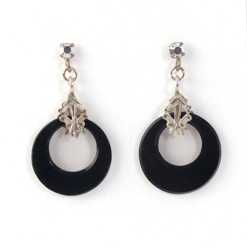Art Deco 1920s French beveled glass glass hoop earrings with marcasite posts.