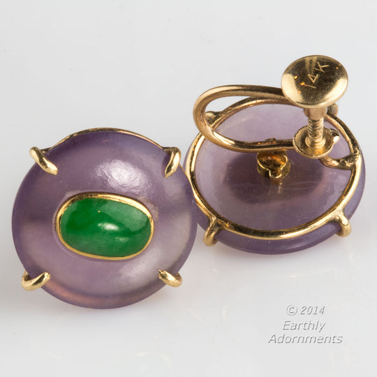 Vintage Retro style jadeite, purple chalcedony and 14k gold earrings. j-erfn114