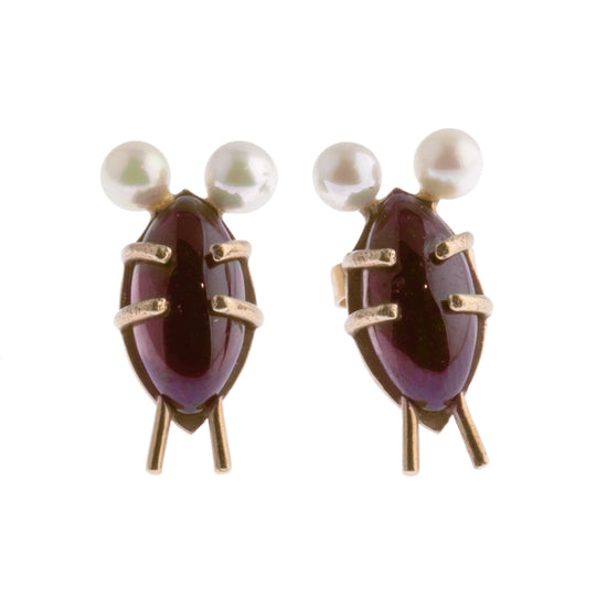 "Bug" Earrings with White Pearl Antennae and Garnets, 14k Gold. j-erfn120cs
