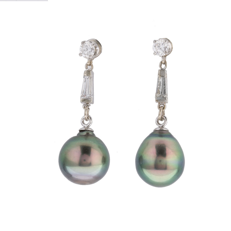 Vintage Tahitian black pearl earrings with 14k white gold and diamonds.