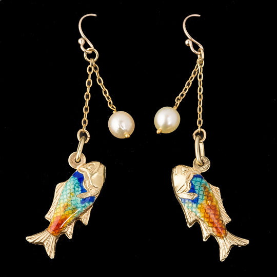 Whimsical Fish and Akoya pearl earrings, 14k gold and colorful enamel . j-erfn123