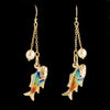 Whimsical 14k gold enamel fish and Akoya pearl earrings