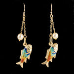 Whimsical 14k gold enamel fish and Akoya pearl earrings