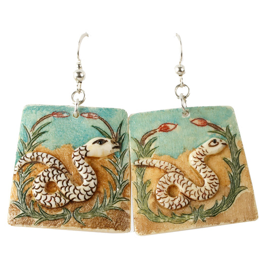 Chinese Zodiac Serpent Dangle Earrings. Vintage. Carved, painted bone. j-eriv918