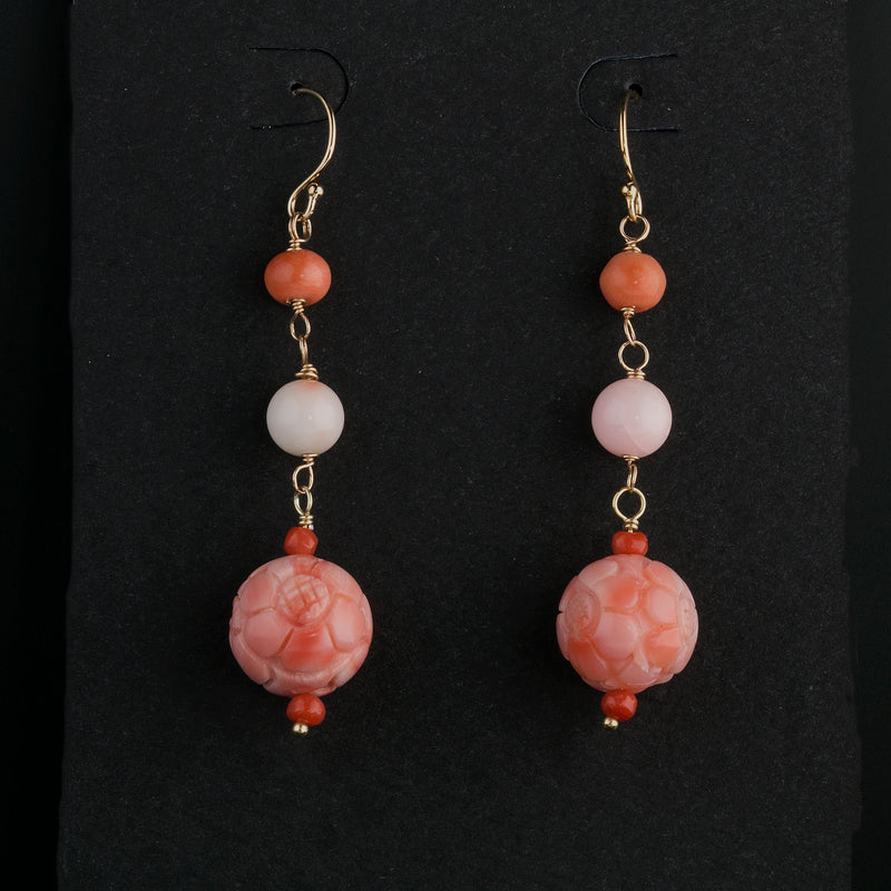 Vintage carved  pink and white natural angelskin bead earrings