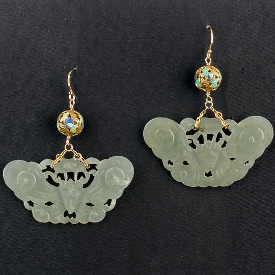 Vintage Nephrite Jade moth earrings with vintage Chinese enameled vermeil filigree beads. erja913