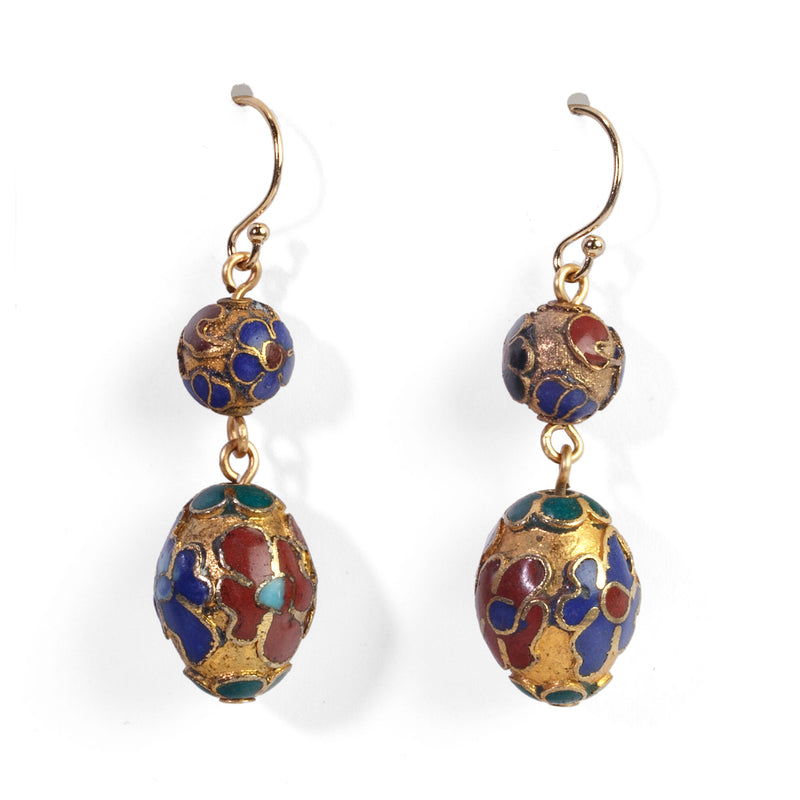 Vintage rare Chinese Cloisonné gold champlevé dangle bead earrings