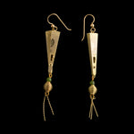 Vintage gold metal Asian miniature folding fan earrings with jade bead