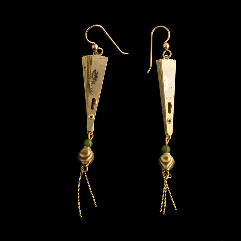 Vintage gold metal Asian miniature folding fan earrings with jade bead
