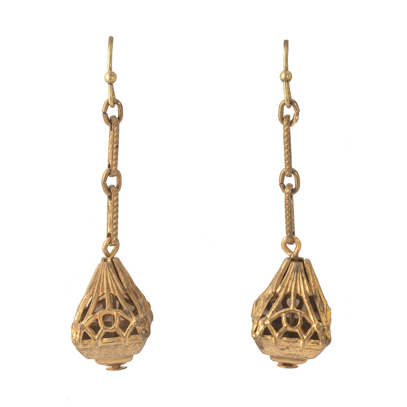 Vintage Art Deco style 1940s fancy filigree brass bead drop earrings