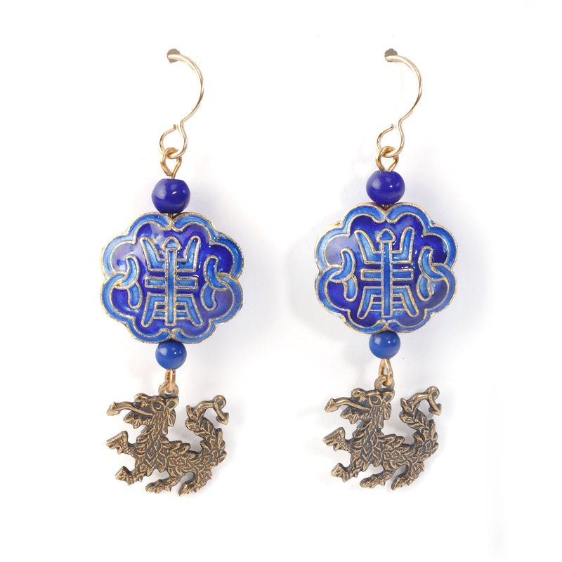 Chinese hollow enamel bead with brass dragon dangle drop earrings.