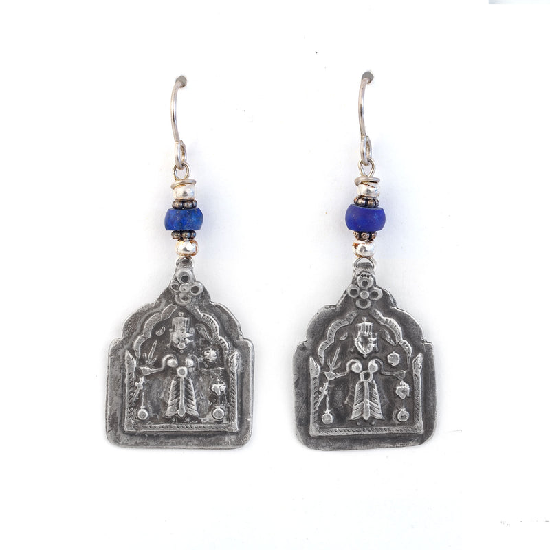 Antique silver Hindu Goddess amulet earrings with Lapis beads.