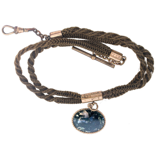 Antique Victorian Watch Chain, woven brown hair with a green moss agate fob. j-fbvc141