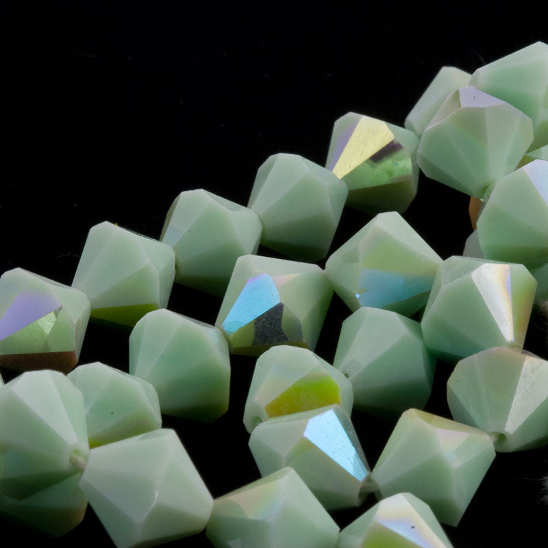 Vintage tin cut faceted opaque mint green bicones with partial AB finish, Czechoslovakia 1950-60s 10mm Pkg of 8.