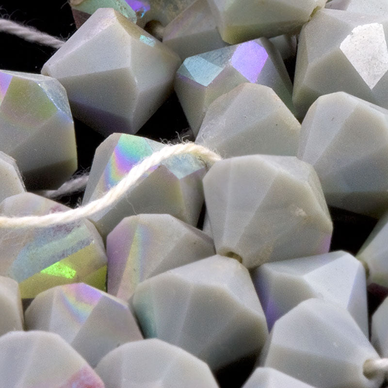 Vintage tin cut faceted opaque dove-grey bicones with partial AB finish, Czechoslovakia 1950-60s 10mm Pkg of 8. 