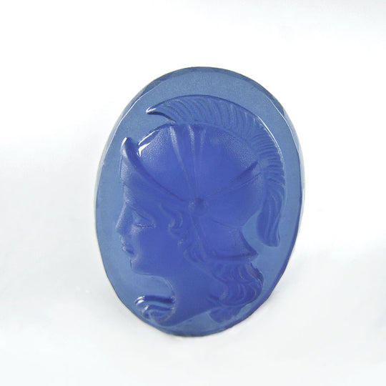 Warrior Cameo Cabochon, translucent blue glass. West Germany. Pkg 1. b5-725