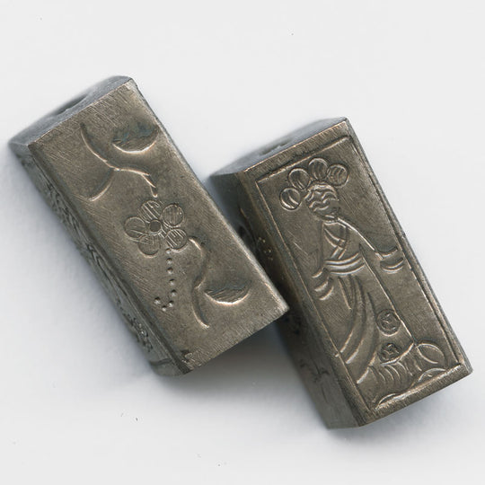 Coin silver embossed rectangular bead Chinese lady 20mm Pkg of 1. B18-0305