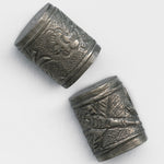 Coin silver embossed cylinder bead dragonfly design 14x10mm Pkg of 1.