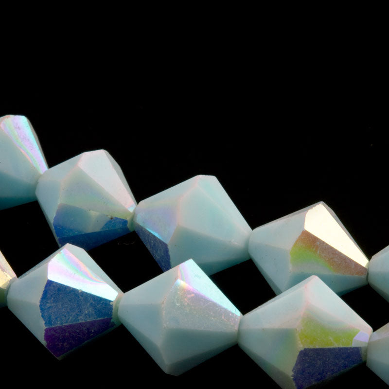 Vintage tin cut faceted opaque Robin's egg blue bicones with partial AB finish, Czechoslovakia, 1950-60s. 12mm. Pkg of 6.