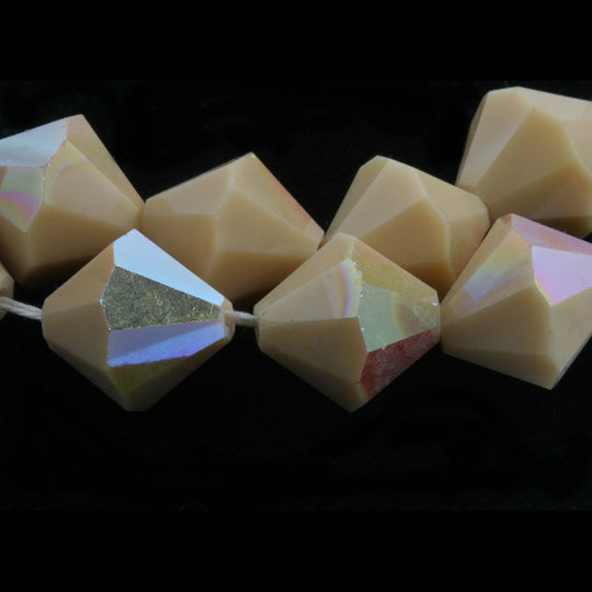 Vintage tin cut faceted opaque rosy beige bicones with partial AB finish, Czechoslovakia 1950-60s 10mm Pkg of 8. b11-br-0800(e)